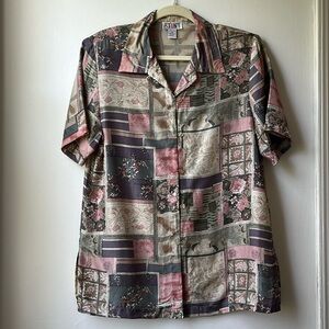 90s 100% Silk Short Sleeved Button Front Blouse Top Baby Pink Gray Sage Size M